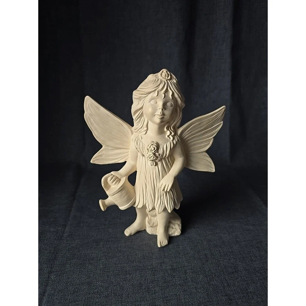 Garden Fairy Girl Watering Flower Ceramic Bisque Whimsical Decor Off White